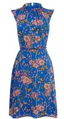 Oasis Blue Pink Climbing Rose Butterflies Dress Pie Crust Neck 10 /s 12 No Belt  • £14.99