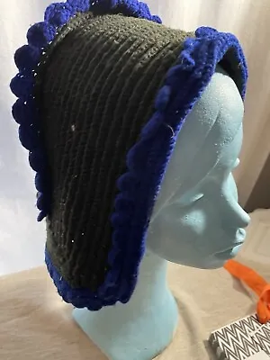 Antique Victorian Winter Black Knitted Crocheted Hat Mourning ? W/ Blue Trim • $99.99