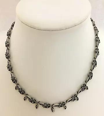 Crown Trifari Necklace SilverTone Choker With Black Rhinestones 16  Vintage • $14.99