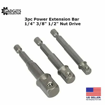 3pc Power Extension Bar Hex Shank Socket Adapter Drill Bit Set 1/4  3/8  1/2  • $149.99