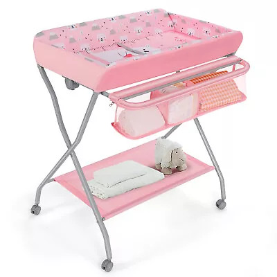 Folding Baby Changing Table Rolling Baby Diaper Changing Station W/ Large Basket • £49.95