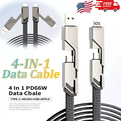 4-in-1 Flat Braided Anti-tangle Charger Cable For IPhone Samsung Type C USB Lead • $8.99