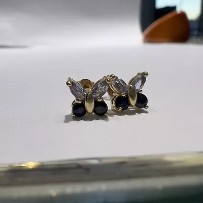 PRETTY 14k Yellow Gold SAPPHIRE & Tanzanite BUTTERFLY Small Stud Earrings • $79.99