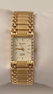 Ladies Elgin Gold Tone Tank Style Dress Watch With Diamonds New Battery • $39.99