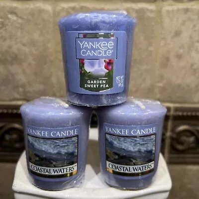 LOT Of 3 YANKEE CANDLE VOTIVES (2) COASTAL WATERS &( 1) GARDEN SWEET PEA CANDLES • £9.72