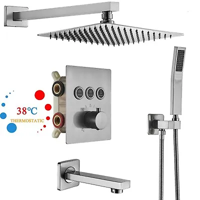 Brushed LED Rainfall Shower Head Faucet Set Shower System Tub Spout Mixer Valve • $135