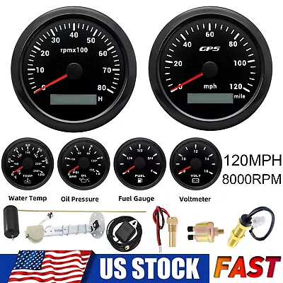 6 Gauge Set 85mm GPS Speedometer 0-120MPH Tacho&52mm Fuel Oil Pressure Temp Volt • $160.26