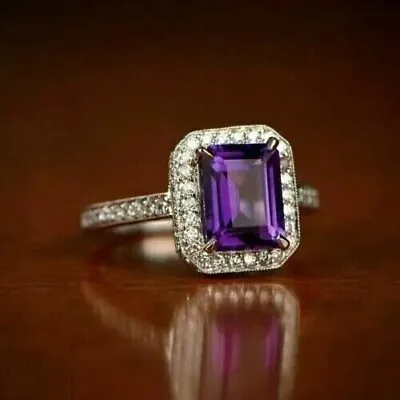 2.30Ct Emerald Cut Lab Created Amethyst Halo Women's Ring 14k Yellow Gold Plated • $114.75