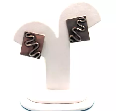 Vintage Sterling Silver Earrings Screw Back Modern Brutalist Rectangle Squiggle • $10.99