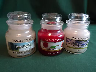 3 Yankee Candles Small Jars  Clean Cotton Cherries On Snow Midnight Jasmine • £13.99