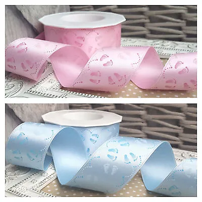 40mm Boy / Girl Baby Feet Satin Ribbon. Blue Pink. Cake Baby Shower Christening • £1.19