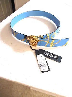 VERSACE Gold Medusa Head And Chains Baby Blue Leather Dress Belt New /Tags $550. • $239.99