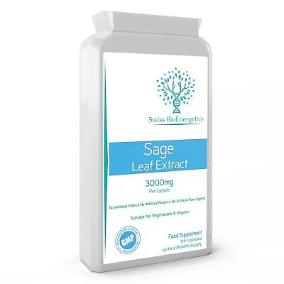 Sage Leaf Extract - 3000mg High Strength Capsules - 120 Vegan For Hot Flushes • £11.97