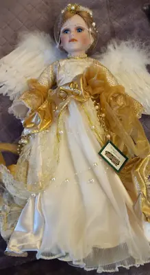 Porcelain Artist Doll Stand Gold Dress Feather Angel Wings 2003 18  With Stand • $44.44