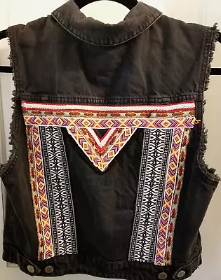 H & M Coachella Jeans Vest Jacket Black Embroidered Festival Tribal Music Sz 14 • $28.75