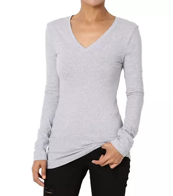 Women’s V-neck Long Sleeve Basic Shirt Top Slim Fit Stretch T-shirt Plain Cotton • $12.99