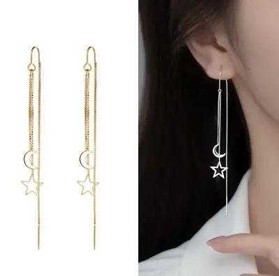 Fashion Women Silver Plated Moon Star Dangle Drop Tassel Threader Earrings I50 • $4.95