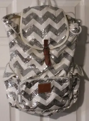 Victoria Secret Pink Silver White SEQUIN BACKPACK BOOK BAG CARRY ON Bling • $29