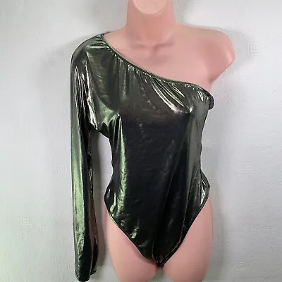 Miss Selfridge Metallic One Shoulder Bodysuit Size M UK 12-14 Gold Metallic • £16.99