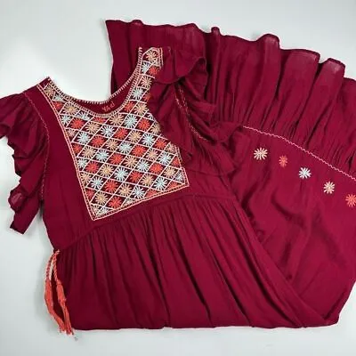 YIBEL Red Burgundy Handmade In Mexico Embroidered Dress Size S/M • $45.99