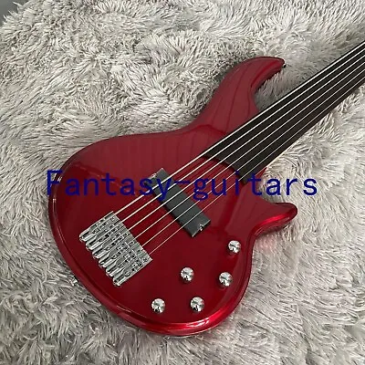 Fretless Red Electric Bass Guitar 6Strings Chrome Parts Maple Neck Bolt On Joint • $339