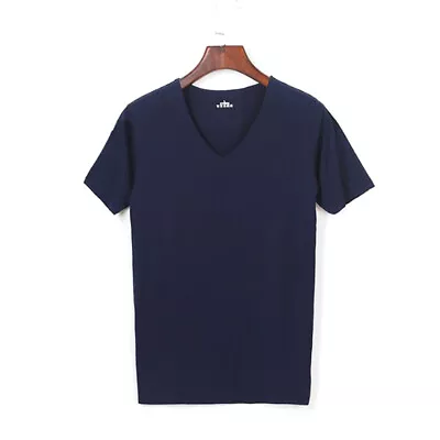 $7.69 • Buy Men Ice Silk T-shirt Seamless Solid Color V-neck Short Sleeve Tops Undershirt ☆