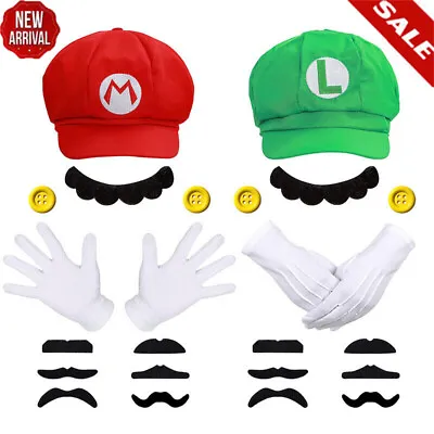 Super Mario Bros Luigi Foam Hat  White Gloves And Moustache Fancy Dress Costume • £10.51