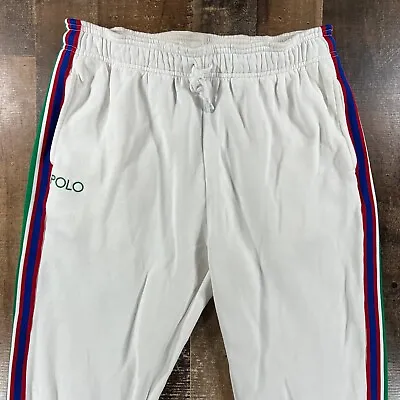 Ralph Lauren Mens Joggers Medium White Fleece Polo Side Stripe Lounge Pants • $31.99