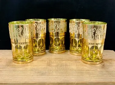 VINTAGE Bar Glasses Set Of 5 Green Glass With Gold  Made In Korea MCM • $28