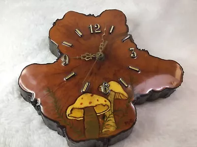 Vintage MCM Tree Slice Lacquered Wooden Wall Clock Mushrooms Signed • $44.99