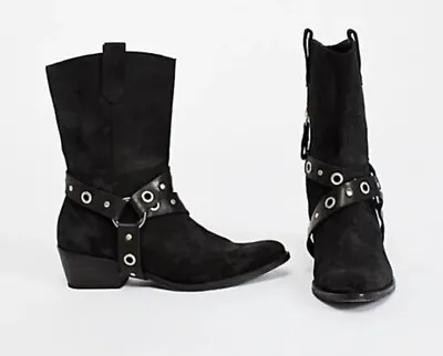 Vera Wang Lavender Black Leather Western Boots Metal Buckle Sz 39.5 • $75.99