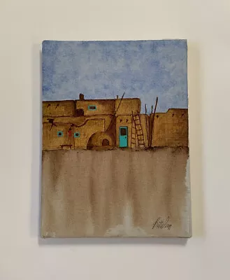 Original Painting Native American Pueblo Adobe Southwest Blue Door New Mexico ? • $200