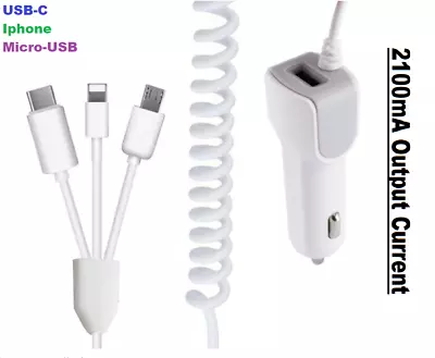 3 In 1 2.1A USB Super Fast Car Charger With Cables For IPhone USB C Micro USB A+ • $19.99