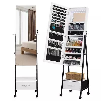 Mirror Rolling Jewelry Armoire Lockable Makeup Organizer Cabinet With Drawer • $94.99