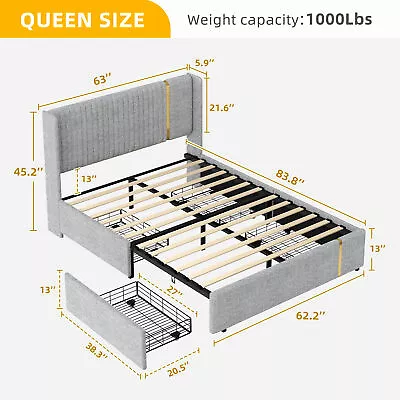 Queen Size Bed Frame Metal Platform Bed With Storage Drawers Headboard USB Ports • $200.99