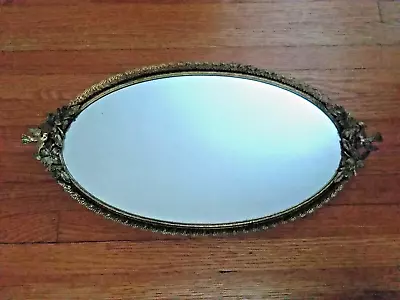 Vintage Oval Footed Mirror Brass Filigree Cutwork With Birds 18 Inch Long MCM • $73