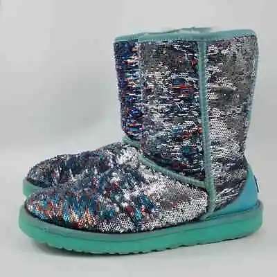 UGG Australia Women's Classic Short Sequin Sparkle Boots Teal Aqua Blue • $39.99