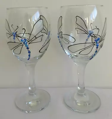 2 X Dragonfly Damselfly Unique Hand Painted Decorated Wine Glasses. Water Nymph • £14.95