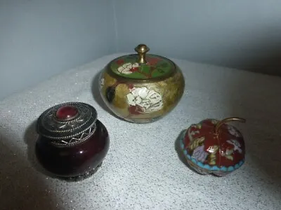 Lot Of 3 Vintage Enamel Cloisonne + Glass Metal Trinket Boxes Pumpkin Flowers • $24.99