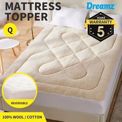 Dreamz Mattress Topper Protector 100% Cotton Wool Underlay Mat Reversible Queen • $74.99