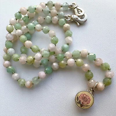 20  Pink & Green Morganite Bead Necklace W Sterling Silver Ceramic Flower Charm • $72.99