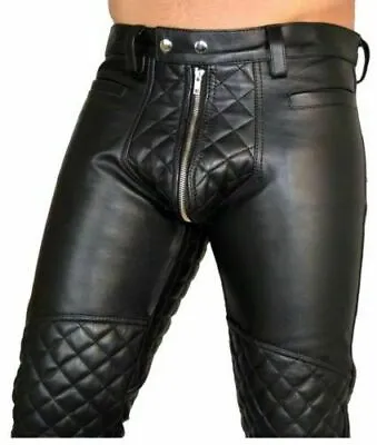 $109 • Buy Mens Real Leather Biker Pant Double Zip Quilted For Gay BLUF Breeches Lederhosen