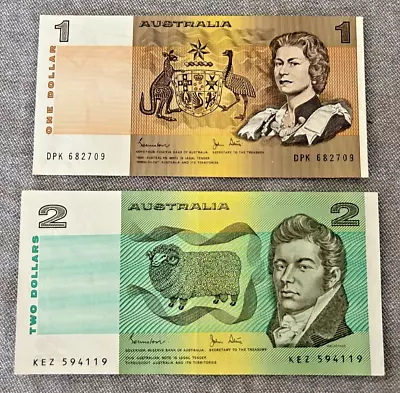 Australian 1982 &1983 Johnston & Stone $1 & $2 Paper Notes - Great Notes - A/UNC • $3.25
