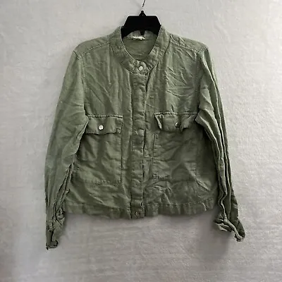 Nicole Miller Linen Blend Snap Top Womans Large Solid Green Long Sleeve Collar • $8.69