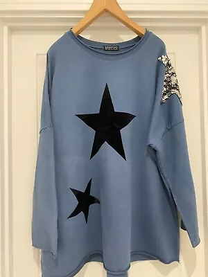 Great Lagenlook  Blue Cotton Long Star Sequin Sweatshirt OSFA PTP 28  18/20/22 • £10