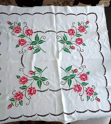 Vintage Hand Embroidered Tablecloth Linen 48  X 48  Square • $29