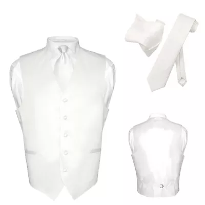 Men's Dress Vest NeckTie Hanky Solid WHITE Color Neck Tie Set For Suit Or Tuxedo • $24.95