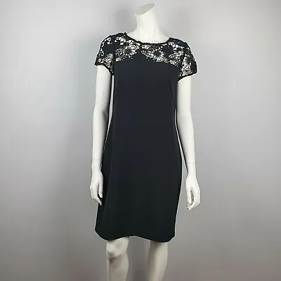 $34.95 • Buy Basque Size 10 Women's Black Sheath Shift Dress Lace Neckline Cap Sleeves Party