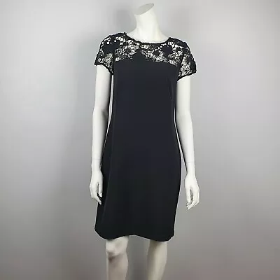 $34.95 • Buy Basque Size 10 Women's Black Sheath Shift Dress Lace Neckline Cap Sleeves Party