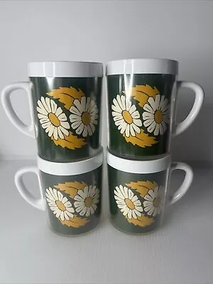 Lot Of 4 Vintage West Bend Thermo Serv Coffee Cups Mugs Green With Daisy Print • $19.99